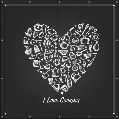 Produktbild von Wallario Outdoor-Poster für Garten oder Balkon, Motiv I Love Cooking - Herz aus Küchenutensilien in schwarz weiß, in ca. 180 x 180 cm