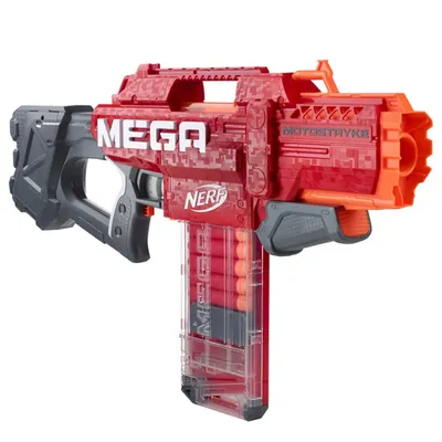 A red and gray Nerf Mega Motostryke blaster with a clear magazine filled with orange foam darts, shown against a white background.