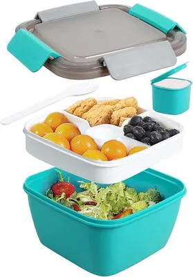 Obrázok produktu pre Unyqoos® Obdĺžniková krabička na obed s objemom 1500 ml – nepriepustná krabička typu Bento s 3 priehradkami, nádobkou na omáčku a vidličkou, vyrobená z materiálu PP bez BPA, vhodná do mikrovlnnej rúry a umývačky riadu