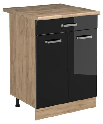 Produktbild von Küchenunterschrank Vicco R-Line Schwarz Hochglanz/Goldkraft Eiche 60 cm mit Schublade Arbeitsplatte Goldkraft Eiche, Model 61220