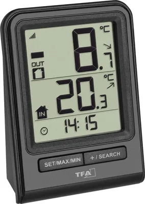 A close-up studio shot of a TFA thermometer device.