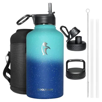 Produktbild von Isolierte Wasserflasche, 2 l, mit Strohhalm und 3 Deckeln, Edelstahl, für Sport und Reisen
