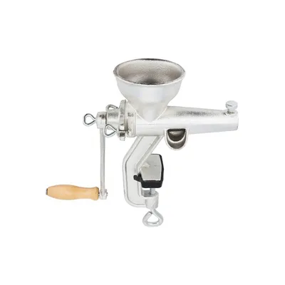 A manual grain mill clamped to a surface.