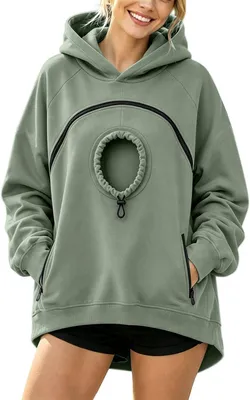 Produktbild von ASKSA Hoodie Damen Herren Uni Pullover Katzenpullover Mit Zipper Tasche,Pullover Mit Hundetasche Katzentasche (Hellgruen,M)