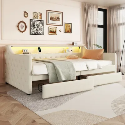 Image de Abrihome Canapé-lit Lit rembourré 90 x 200 cm avec sommier à lattes et 2 tiroirs, éclairage d'ambiance LED & USB, blanc (sans matelas)