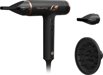 A black Rowenta hair dryer with gold accents and three attachments is displayed against a white background.