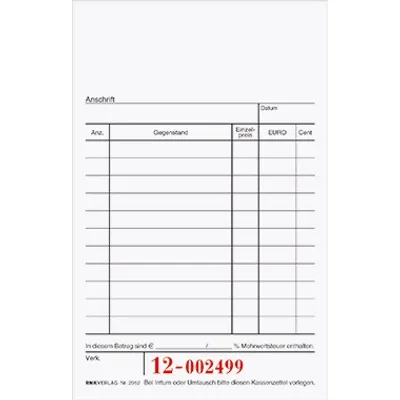 Obrázok produktu pre RNK Verlag 2952 Pokladničný blok - zošitý zhora, 2 x 50 listov, (ŠxV): 96 x 167 mm, s číslovaním