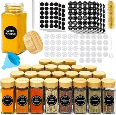 Immagine prodotto di Set di contenitori per erbe in vetro e legno - 24 pezzi - 120ml - per la conservazione in cucina