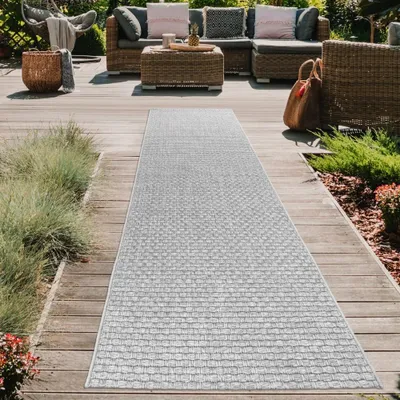 Produktbild von In- & Outdoorteppich Terrasse wetterfest Flachgewebe einfarbig in grau Größe - 80 x 250 cm