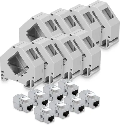 Produktbild von kwmobile Keystone Modul Set CAT 6A mit Hutschienenadapter - 8x RJ45 Hutschienenadapter Buchse geschirmt + 8x Halter für DIN Hutschiene - werkzeuglose