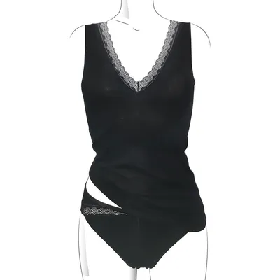 Damen Achselhemd mit Spitzendetails schwarz