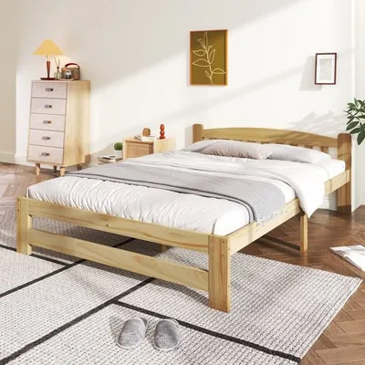 Produktbild von Odikalo Jugendbett 140x200, Solide Massivholzbett Futonbett, Doppelbett, Massivholz Natur Bett mit Kopfteil/Lattenroste, Erwachsenenbett, Natur