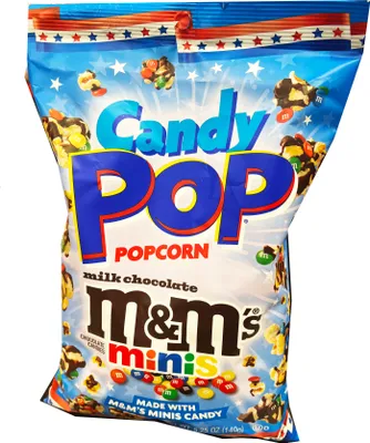 A bag of Candy Pop popcorn with M&M's minis.