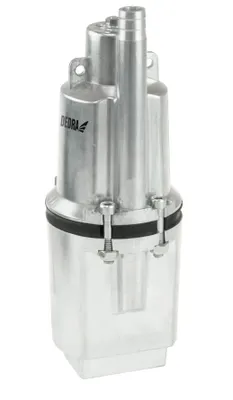 A silver and clear submersible pump with a black seal and two bolts is shown against a white background.