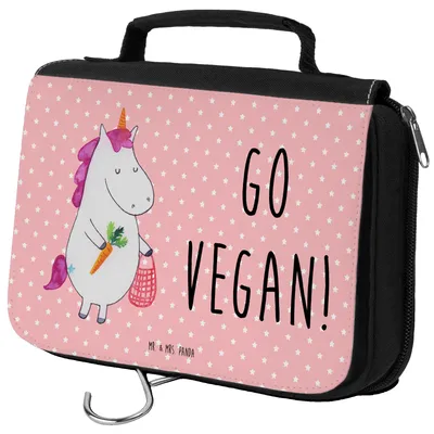 Produktbild von Mr. & Mrs. Panda Kosmetiktasche Einhorn Vegan - Rot Pastell - Geschenk, kosmetiktäschchen, Veganer, Kosmetikbeutel, Gesund Leben, duschbeutel, Unicorn, Rohkost, essen