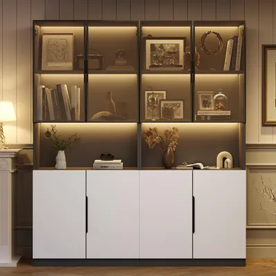 Productafbeelding van Witte vitrine, glazen deuren, LED-verlichting, kleurtemperatuur, zwarte accenten