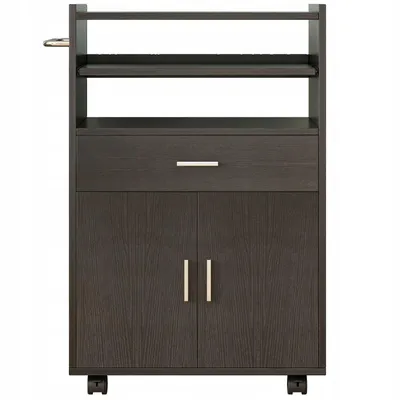 A dark wood kitchen cart with shelves, a drawer, and cabinet doors, shown against a white background.