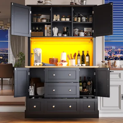 Zdjęcie produktu dla Wysoka szafka, czarna, 115 x 40 x 180 cm, z oświetleniem LED i sterowaniem przez aplikację, 4 drzwi, 5 szuflad, witryna do salonu lub kuchni z funkcją muzycznego oświetlenia i zabezpieczeniem przed przewróceniem