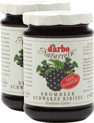 Produktbild von Food-United KONFITÜRE-EXTRA Brombeer-Ribisel schwarz passiert 2x 450g von DARBO Naturrein Brombeerkonfitüre mit schwarzen Johannisbeeren perfekt für Brot und Brötchen Füllungen Kuchen Frühstück Puddings Gebäck
