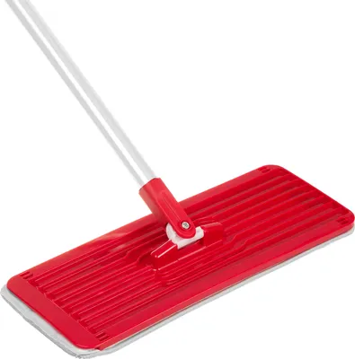 A close-up shot of a red flat mop head with a silver handle, isolated on a white background.