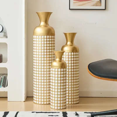 Image de okwish Ensemble 3 vases métal décoratifs, pots hauts avec points blancs, déco vintage, doré