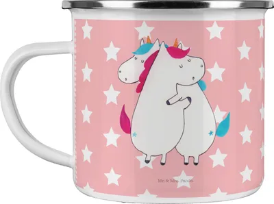 Produktbild von Mr. & Mrs. Panda Teetasse Einhörner Umarmen - Rot Pastell - Geschenk, Pott, Unicorn, Outdoor Tasse, Liebe, blechbecher, Schwestern, Schwester, Motivtasse, Emaille