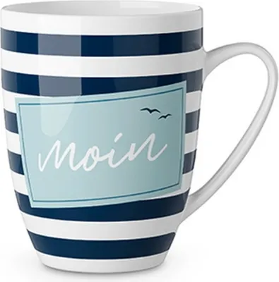 Produktbild von maritimer Becher, Tasse Glück Ahoi Moin mit Streifen für 250ml Geschenk für Dich