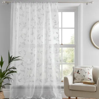 Image de Rideaux - Rideaux simples pour fenêtres - Voilage pour chambre à coucher - Salon - Voilage avec motifs floraux et feuillages
