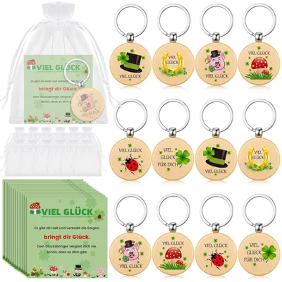 Produktbild von Solidchoice – Set mit 12 Geschenksets, bestehend aus Holzschlüsselanhängern und Organzasäckchen