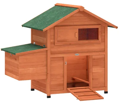 Image de Poulailler en bois avec nichoir et perchoirs | Couleur : orange | Dimensions : 67,5 x 113,5 x 95,5 cm
