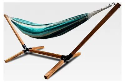 Produktbild von Hängematte mit Gestell – Gartenliege mit Holzrahmen – 150kg Tragfähigkeit – 270x100x95cm
