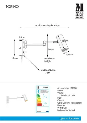 Diagram and specification sheet for a TORINO wall lamp.