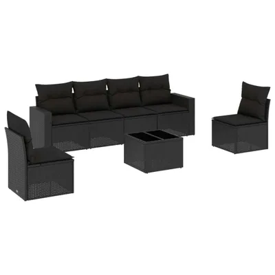 Produktbild von 7-tlg. Garten-Lounge-Set, modulares Outdoor-Sofa mit Tisch, UV-beständiges Poly Rattan, Hartglasplatte, Schwarz, inkl. Kissen mit waschbaren Bezügen