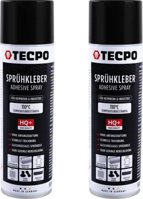 Produktbild von TECPO 1K Sprühkleber 2x 500ml Spray Kleber für Dachhimmel Schaumstoff, Wolkenhimmel und Akustikpaneele Klebespray transparent bis 110°C Hitzebeständig