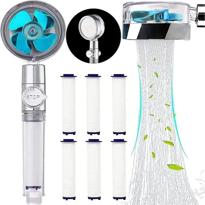 A shower head with a fan and water spray, along with replacement filters.