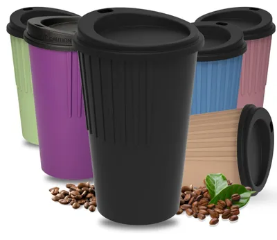 Zdjęcie produktu dla Kubek do kawy na wynos 300 ml - Kubek z pokrywką i karbowaną powierzchnią chroniącą przed przegrzaniem - Kubek do picia niezawierający BPA - Wyprodukowano w Niemczech - Czarny