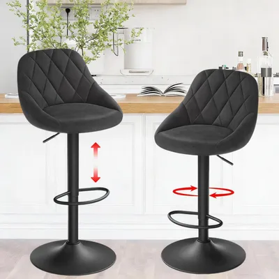 Image de Ensemble de deux tabourets de bar avec dossier, assise en velours, réglables en hauteur, pivotants, de couleur gris foncé