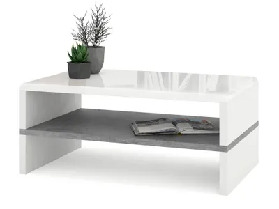 Produktbild von All4All Couchtisch Riva , kleiner Kaffeetisch , Wohnzimmertisch , Sofatisch mit Ablagen , Sofatisch , 100x60cm , 05 , Weiß Hochglanz + Betonfarbe