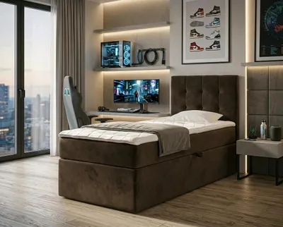 Produktbild von NORDELO Boxspringbett INCANTO 120x200 cm AMOR Velvet Braun Komplett-Set gepolstertes Einzelbett mit Stauraum, Matratze und 4 cm Visco-Topper, Bonellfederkernmatratze, T30-Schaum