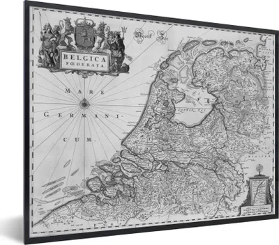 Produktbild von MuchoWow® Gerahmtes Poster Schwarz-weiße Karte der Niederlande 80x60 cm - Poster mit Schwarzem Bilderrahmen Wandposter Rahmen Foto Bilder - Schwarzem - Mit Gestell