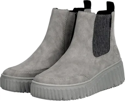 A pair of gray Chelsea boots with a platform sole, shown from a front-diagonal angle on a white background.