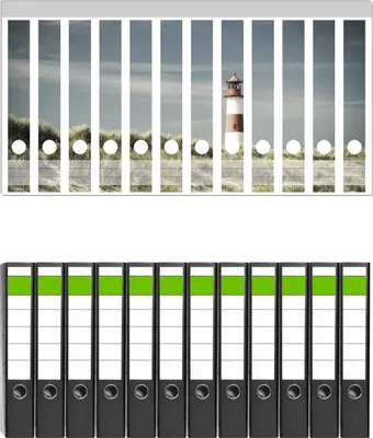 Produktbild von Wallario 12 Stück schmale Ordner inkl. Klebeetiketten mit Motive Leuchtturm auf der Düne am Strand -  Set mit Rückenschildern / Ordnerrücken Stickern
