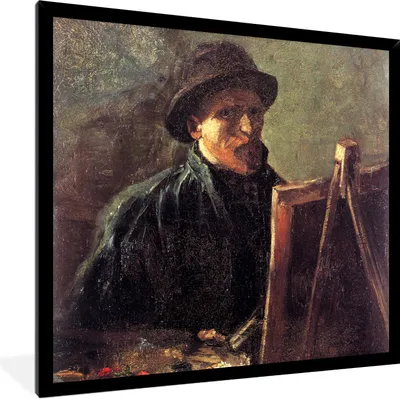 Produktbild von MuchoWow® Gerahmtes Poster Selbstporträt als Maler - Gemälde von Vincent van Gogh 40x40 cm - Poster mit Schwarzem Bilderrahmen Wandposter Rahmen Foto Bilder - Mit Rahmen - Wanddekoration Schlafzimmer