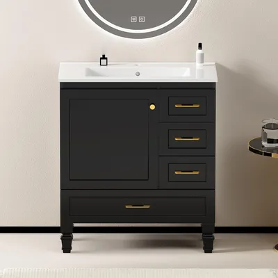 Produktbild von Badezimmerschrank 75 cm schwarz Stauraum Soft-Close-Tür 3 Schubladen