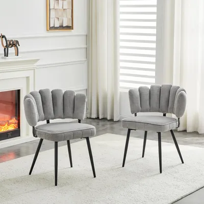 Produktbild von 2er-Set Esszimmerstühle, grauer Stoff, blütenförmige Rückenlehne, schwarze Metallbeine, 80 cm