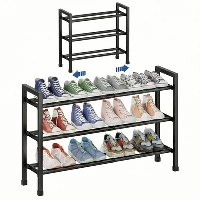 Image de Étagère à chaussures extensible, 3 niveaux, en métal, noire, de 46,7 à 83,8 cm