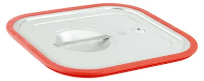 A square stainless steel lid with a red silicone rim.