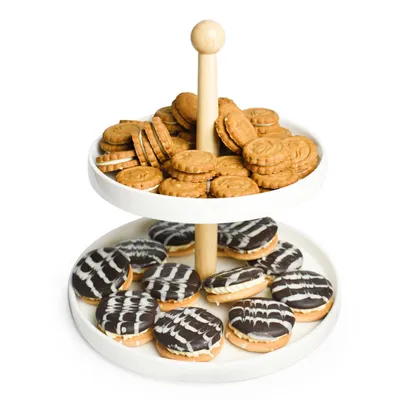 Produktbild von Etagere 2 Stöckig aus Porzellan mit Holzstamm Kuchenplatte Kuchenständer Servierständer