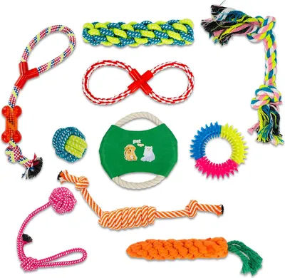 Immagine prodotto di Intirilife set di 10 giochi da masticare per cani in cotone - giocattoli da masticare per cani gatti animali domestici per la cura dentale, il gioco e il relax ideali