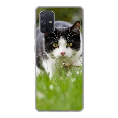 Produktbild von MuchoWow® Handyhülle Schutzhülle Hülle für Samsung Galaxy A51 Katze - Gras - Schwarz - Weiß - Mädchen - Kinder - Jungen - Kinder Silikon Softcase Handy Hülle - Schutzabdeckung